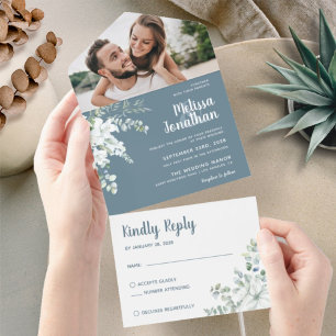 Romantic white flower grey photo spring wedding all in one invitation