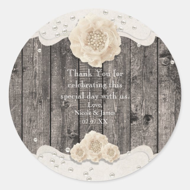 Romantic White Flower & Pearls Rustic Wood Classic Round Sticker (Front)