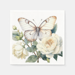 Romantic white flowers and butterfly napkin