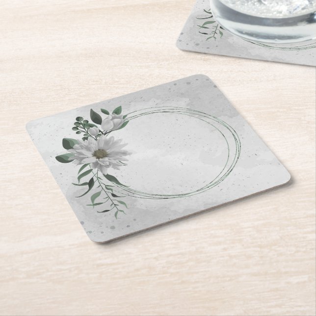 romantic white flowers and green leaves wedding square paper coaster (Angled)