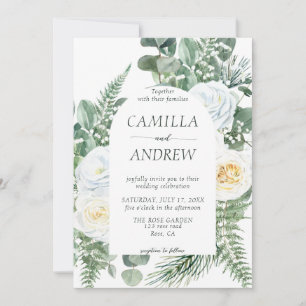 Romantic White Flowers and Greenery Wedding Invitation