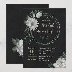 romantic white flowers black bridal shower invitation