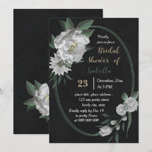 romantic white flowers black bridal shower invitation