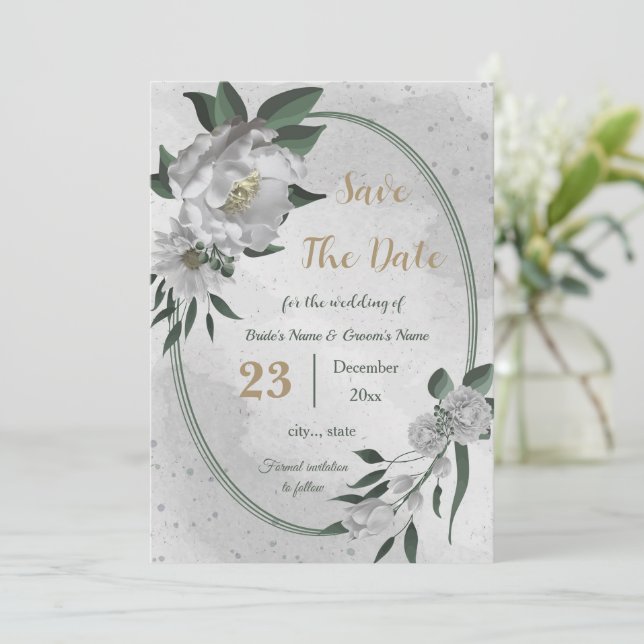 romantic white flowers botanical save the date (Standing Front)