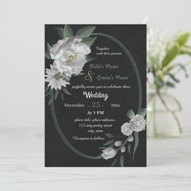 romantic white flowers geometric black wedding  invitation (Standing Front)