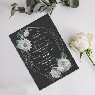 romantic white flowers geometric black wedding  invitation