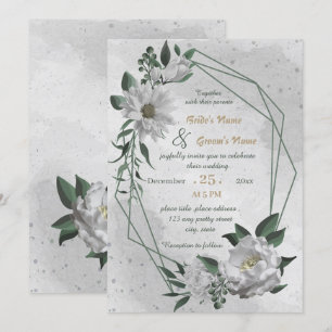 romantic white flowers geometric wedding  invitation