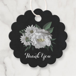 romantic white flowers & green leaves black favour tags