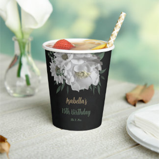 romantic white flowers & green leaves black paper cups