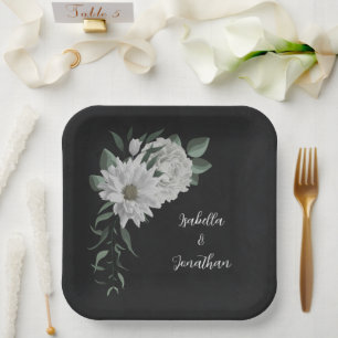 romantic white flowers & green leaves black paper plate