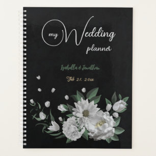 romantic white flowers & green leaves black planner