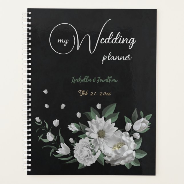romantic white flowers & green leaves black planner (Front)