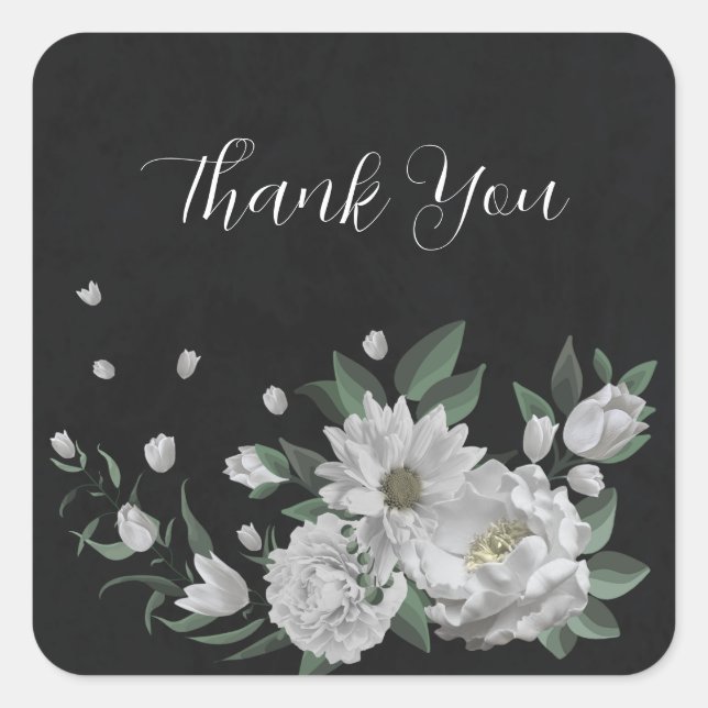 romantic white flowers & green leaves black square sticker (Front)