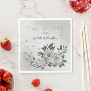 romantic white flowers & green leaves napkin