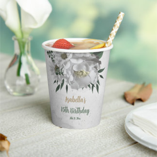 romantic white flowers & green leaves paper cups