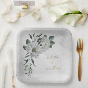 romantic white flowers & green leaves  paper plate
