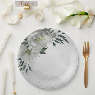 romantic white flowers & green leaves paper plate