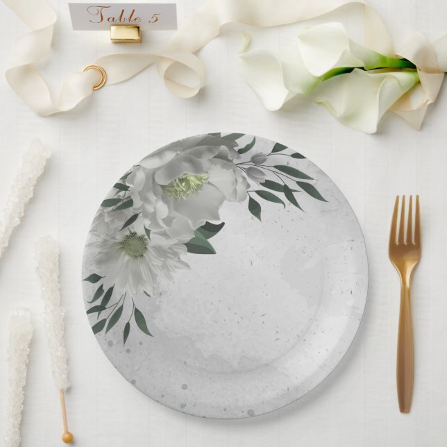 romantic white flowers & green leaves  paper plate (Wedding)