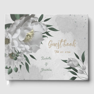 romantic white flowers & green leaves wedding guest book
