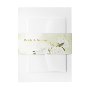 romantic white flowers green leaves wedding invitation belly band