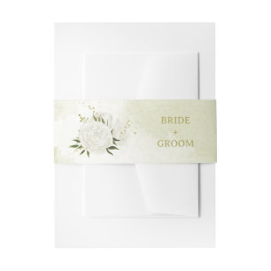 romantic white flowers green leaves wedding invitation belly band