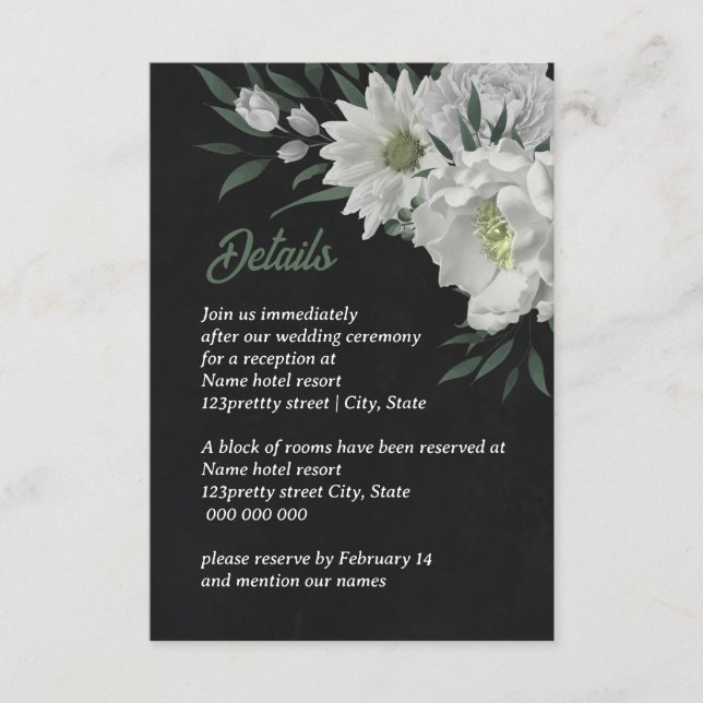 romantic white flowers greenery black enclosure card (Front)