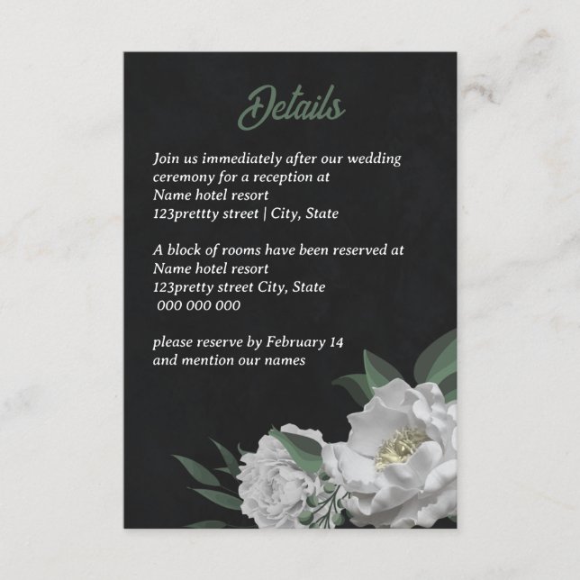 romantic white flowers greenery black enclosure card (Front)