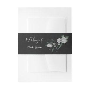romantic white flowers greenery black wedding invitation belly band