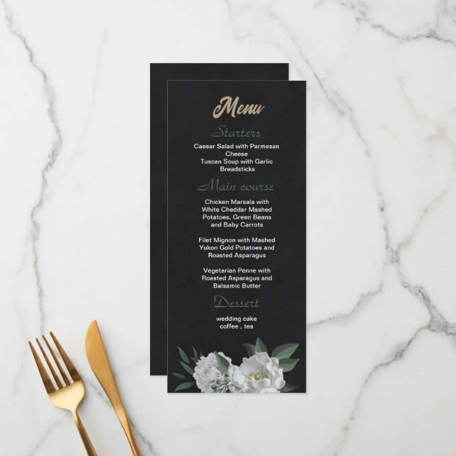 romantic white flowers greenery black wedding menu (Front/Back In Situ)
