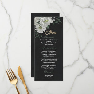 romantic white flowers greenery black wedding menu