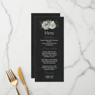 romantic white flowers greenery black wedding menu