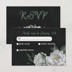 romantic white flowers greenery botanical black RSVP card