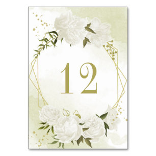 Romantic white flowers greenery gold geometric table number