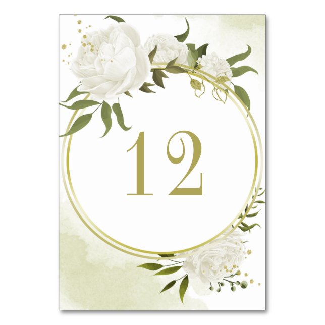 Romantic white flowers greenery gold wreath table number (Front)