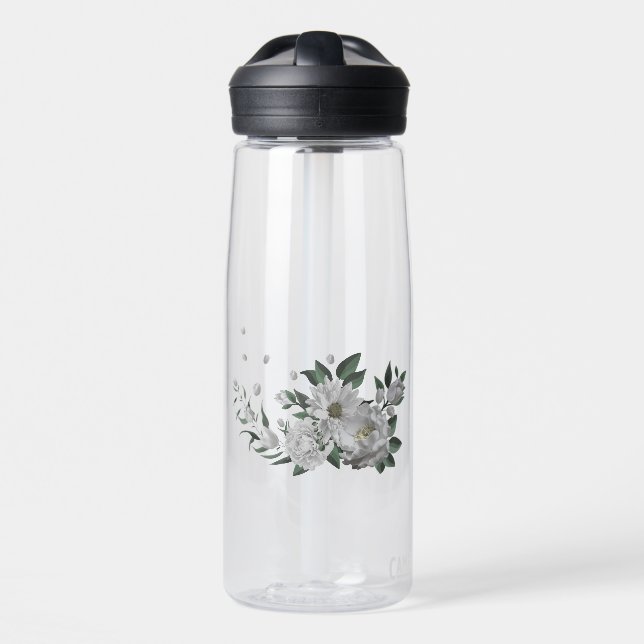 romantic white flowers greenery water bottle (Front)