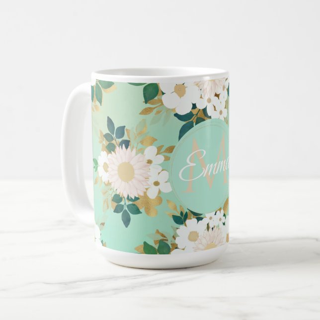 Romantic White Flowers Mint Watercolor Design Coffee Mug (Front Left)