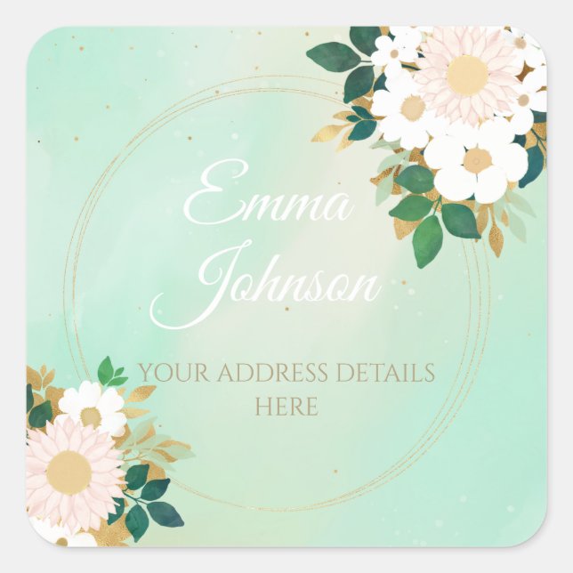 Romantic White Flowers Mint Watercolor Design Square Sticker (Front)