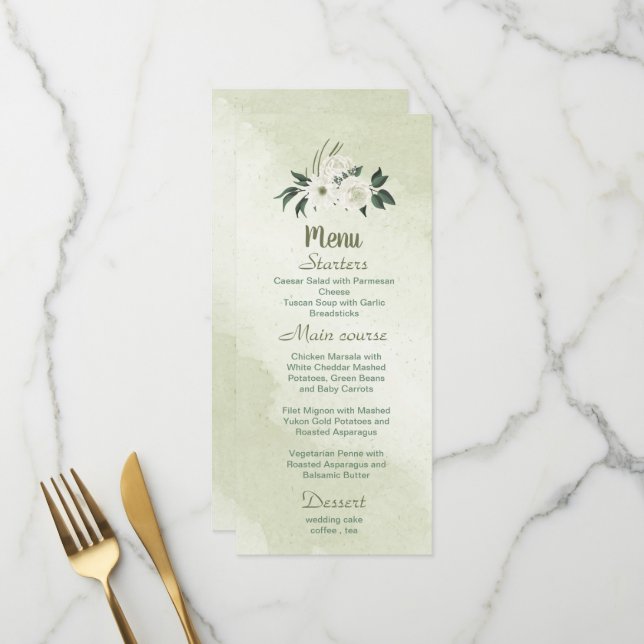  romantic white flowers with green leaves menu (Front/Back In Situ)