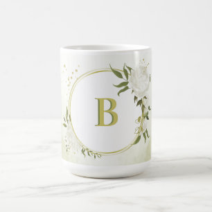 romantic white flowers with pretty green leaves coffee mug