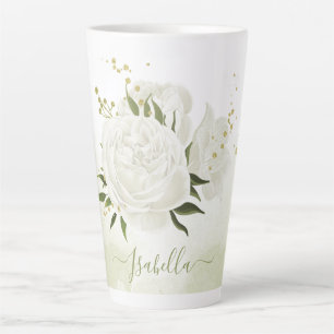 romantic white flowers with pretty green leaves latte mug