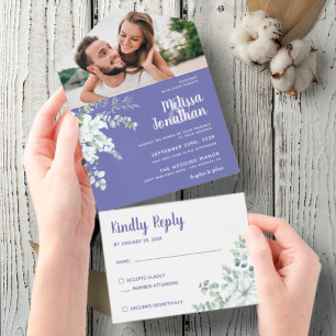 Romantic white gentle flower purple photo wedding all in one invitation