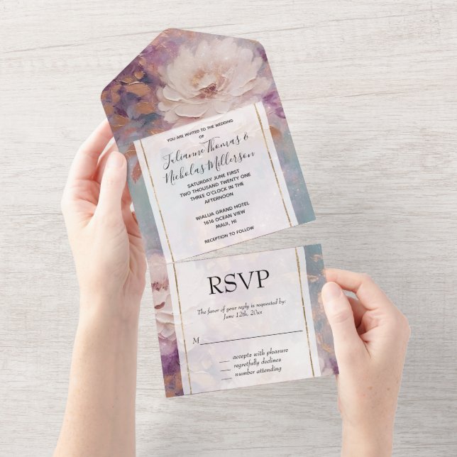 Romantic White Gold Purple Floral Wedding All In One Invitation (Tearaway)