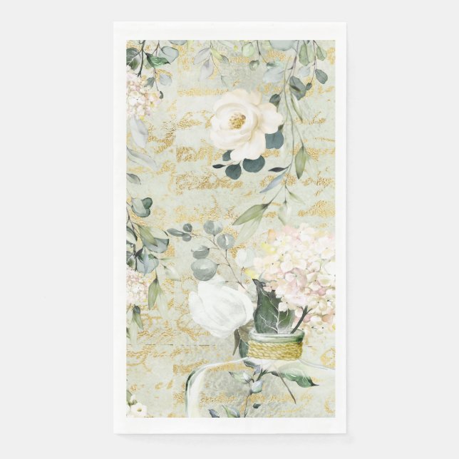 Romantic White Greenery & Gold Botanical Floral Napkin (Front)