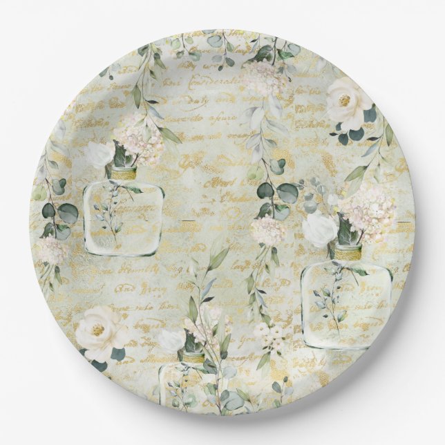 Romantic White Greenery & Gold Botanical Floral Paper Plate (Front)