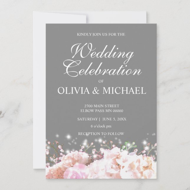 Romantic white & grey lace hydrangeas pink roses  invitation (Front)