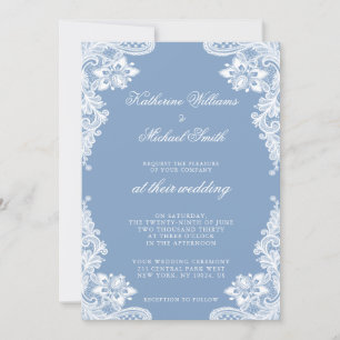Romantic White Lace And Blue Wedding Invitations