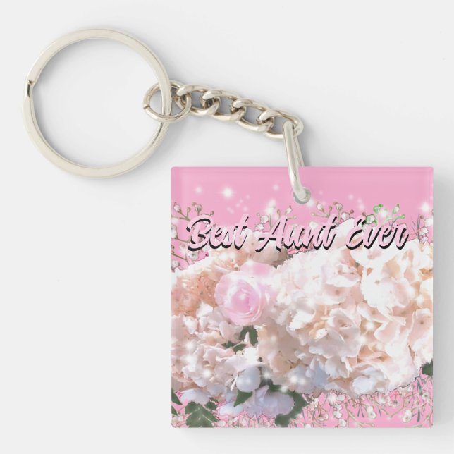 Romantic white lace hydrangeas pink roses Aunt Key Ring (Front)
