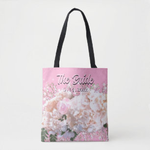Romantic white lace hydrangeas pink roses Bride Tote Bag