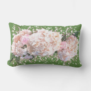 Romantic white lace hydrangeas pink roses lumbar cushion