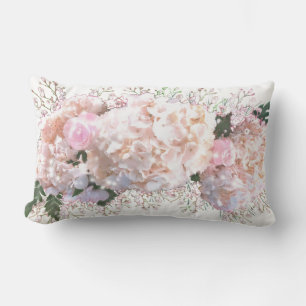 Romantic white lace hydrangeas pink roses lumbar cushion